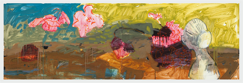 Garden with Plaster Head, 2016, Oil, graphite, and ink on Yupo, 26" x 80"